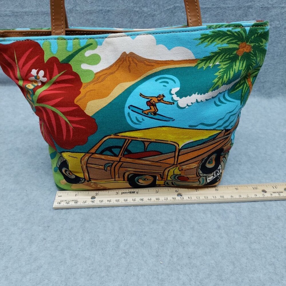 Surfer Woodie car Aloha Hawaii Hawaiian Print Canvas  Handbag With Leather Handl - Picture 3 of 13